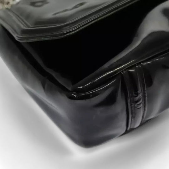 CHANEL Chain Shoulder Bag Patent Leather Black Silver CC