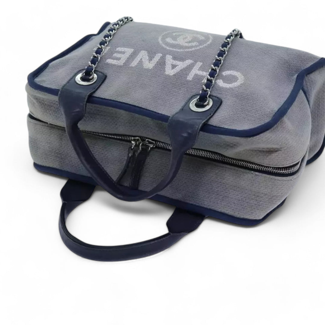 Chanel Deauville Shoulder Bag Canvas Navy Blue Women Handbag Chain Strap