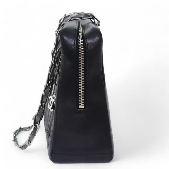 CHANEL Chain Shoulder Bag Leather Silver Black CC Women's Handbag