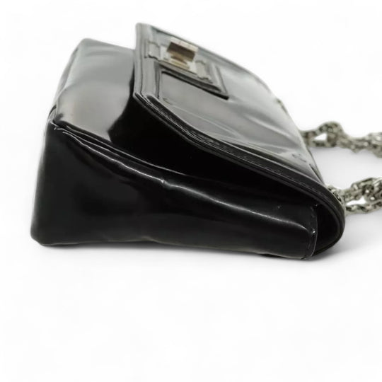 CHANEL Chain Shoulder Bag Patent Leather Black Silver CC