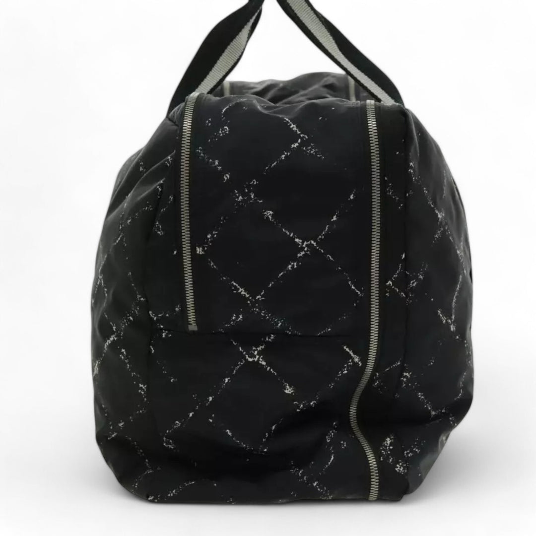 Chanel Travel Line Boston Bag Nylon Black Silver Unisex Large Tote Travel Bag