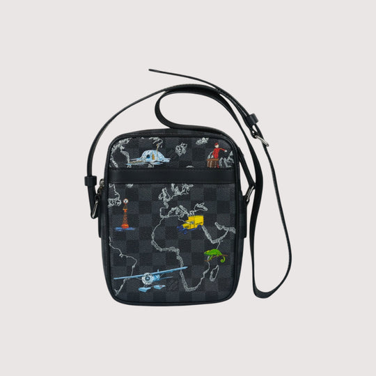 Louis Vuitton Damier Graphite Renaissance Map Danube Slim PM Crossbody Bag Black Multicolor Men's Shoulder Bag