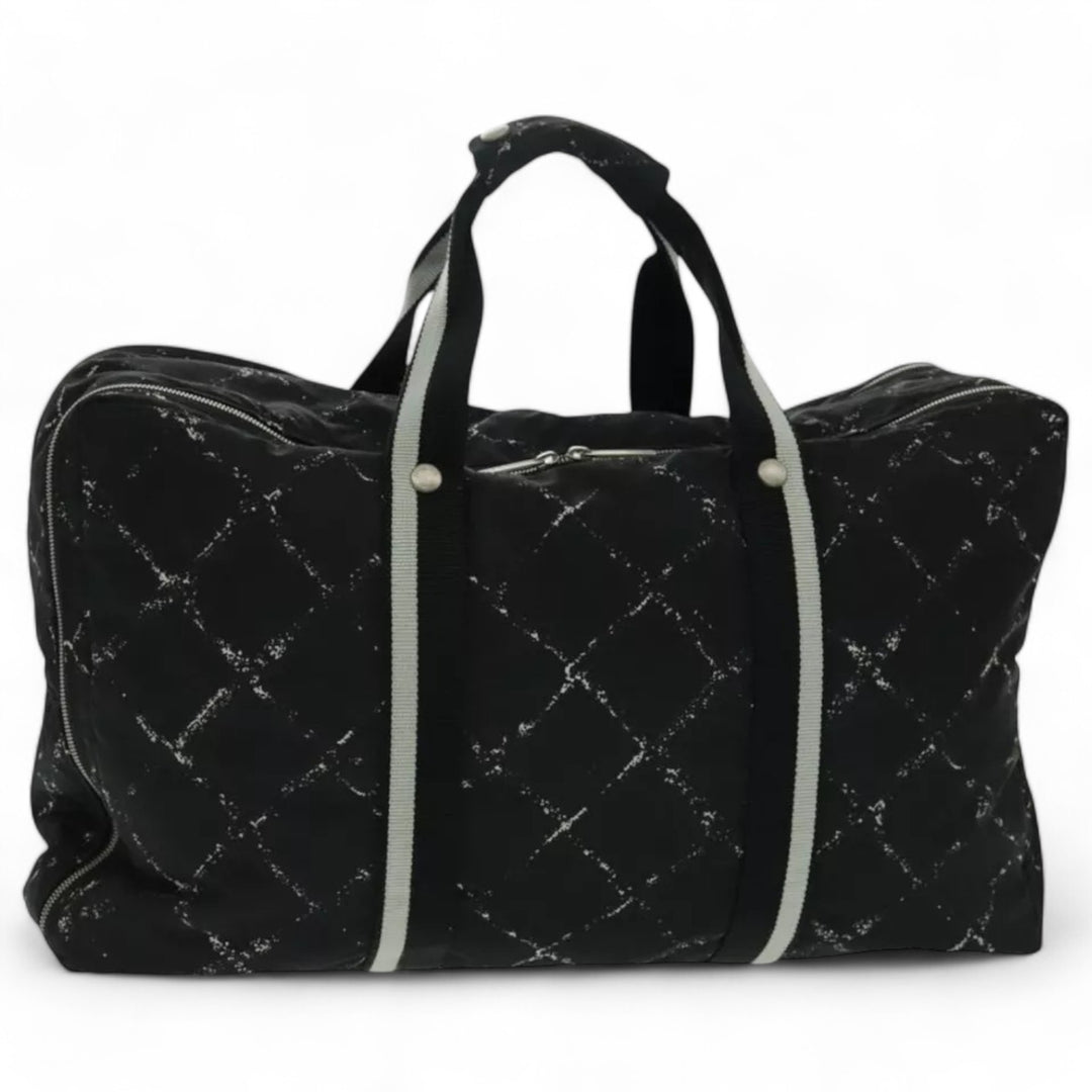 Chanel Travel Line Boston Bag Nylon Black Silver Unisex Large Tote Travel Bag