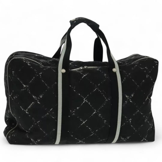 Chanel Travel Line Boston Bag Nylon Black Silver Unisex Large Tote Travel Bag
