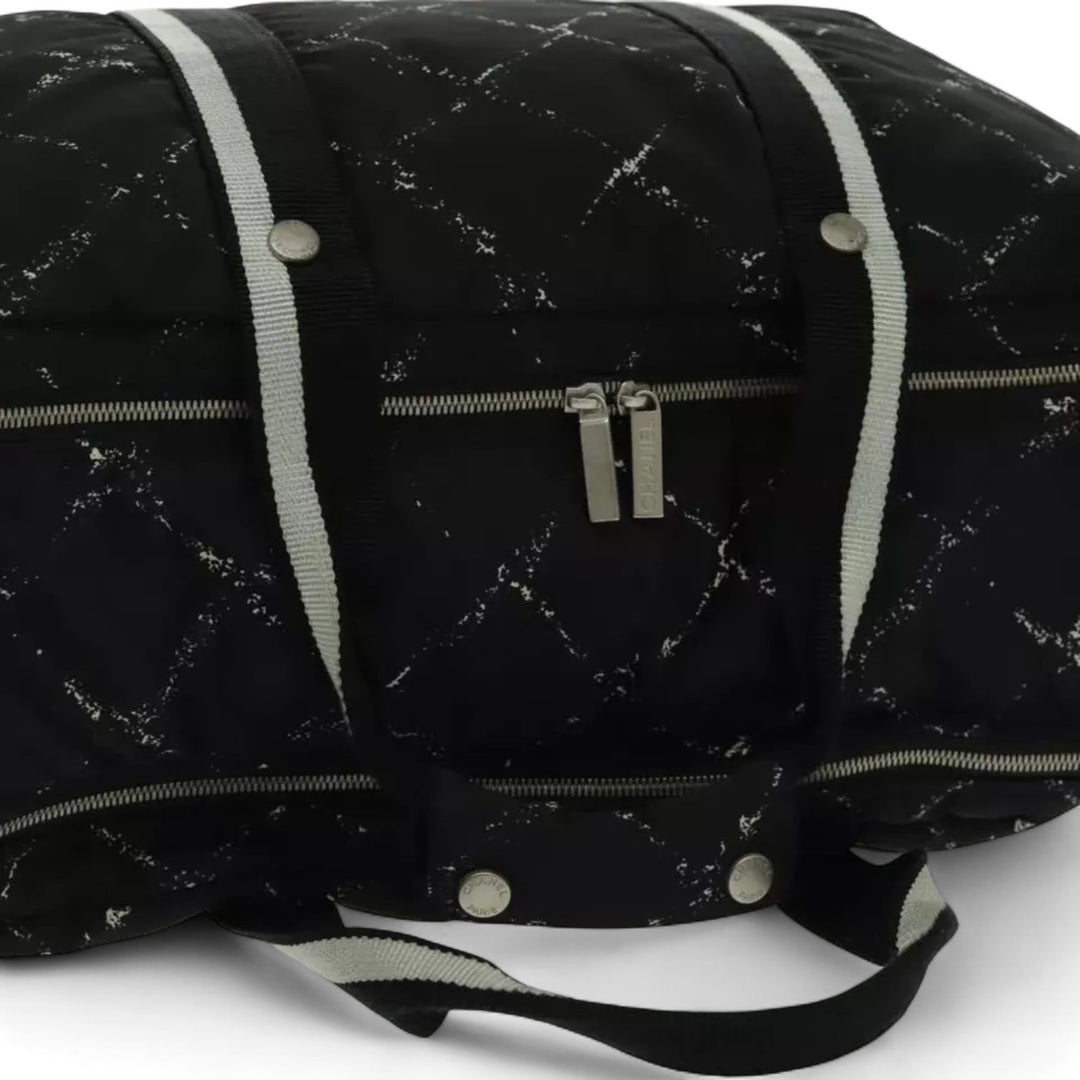 Chanel Travel Line Boston Bag Nylon Black Silver Unisex Large Tote Travel Bag
