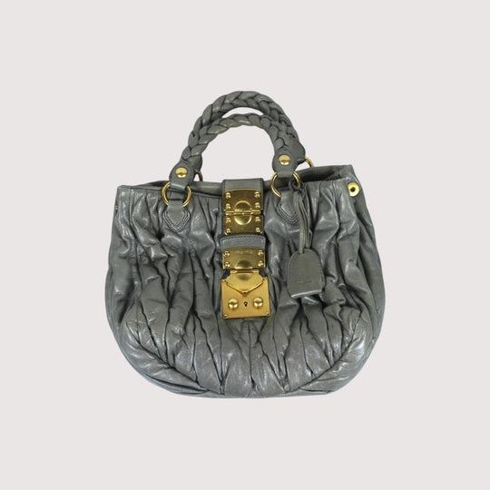Miu Miu Matelassé Grey Leather Handbag Gold Hardware Women's Purse with Dust Bag