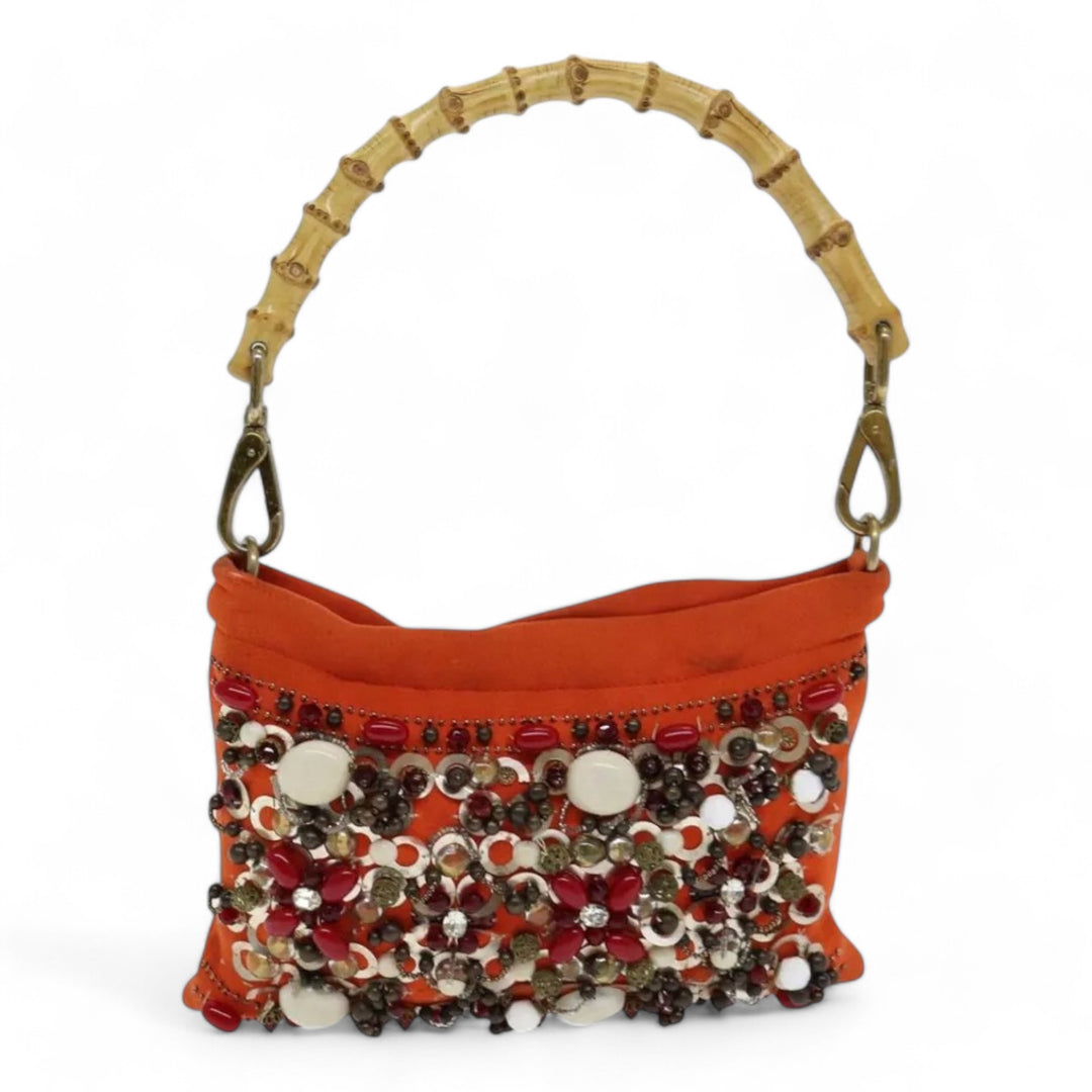 Miu Miu Bamboo Handbag Canvas Orange Beaded Embellished Women's Bag