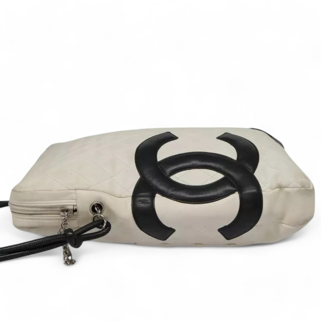 CHANEL Cambon Line Matelasse Shoulder Bag Leather White Black Silver CC
