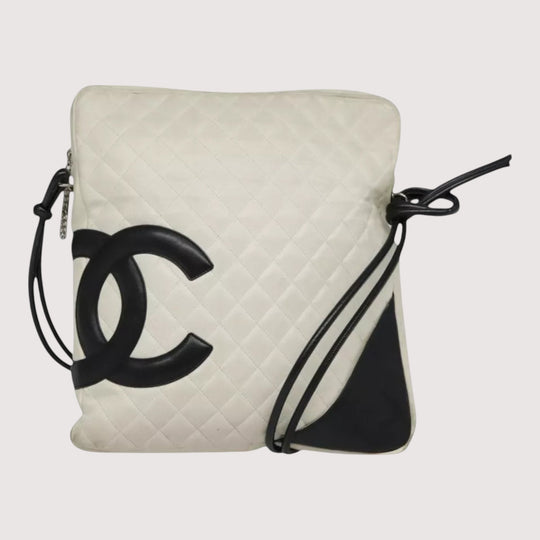 CHANEL Cambon Line Matelasse Shoulder Bag Leather White Black Silver CC