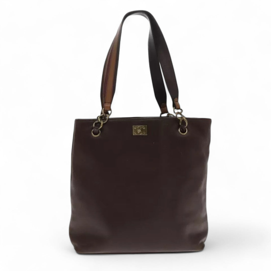 CHANEL Chain Tote Bag Leather Brown CC Women's Vintage Shoulder Bag