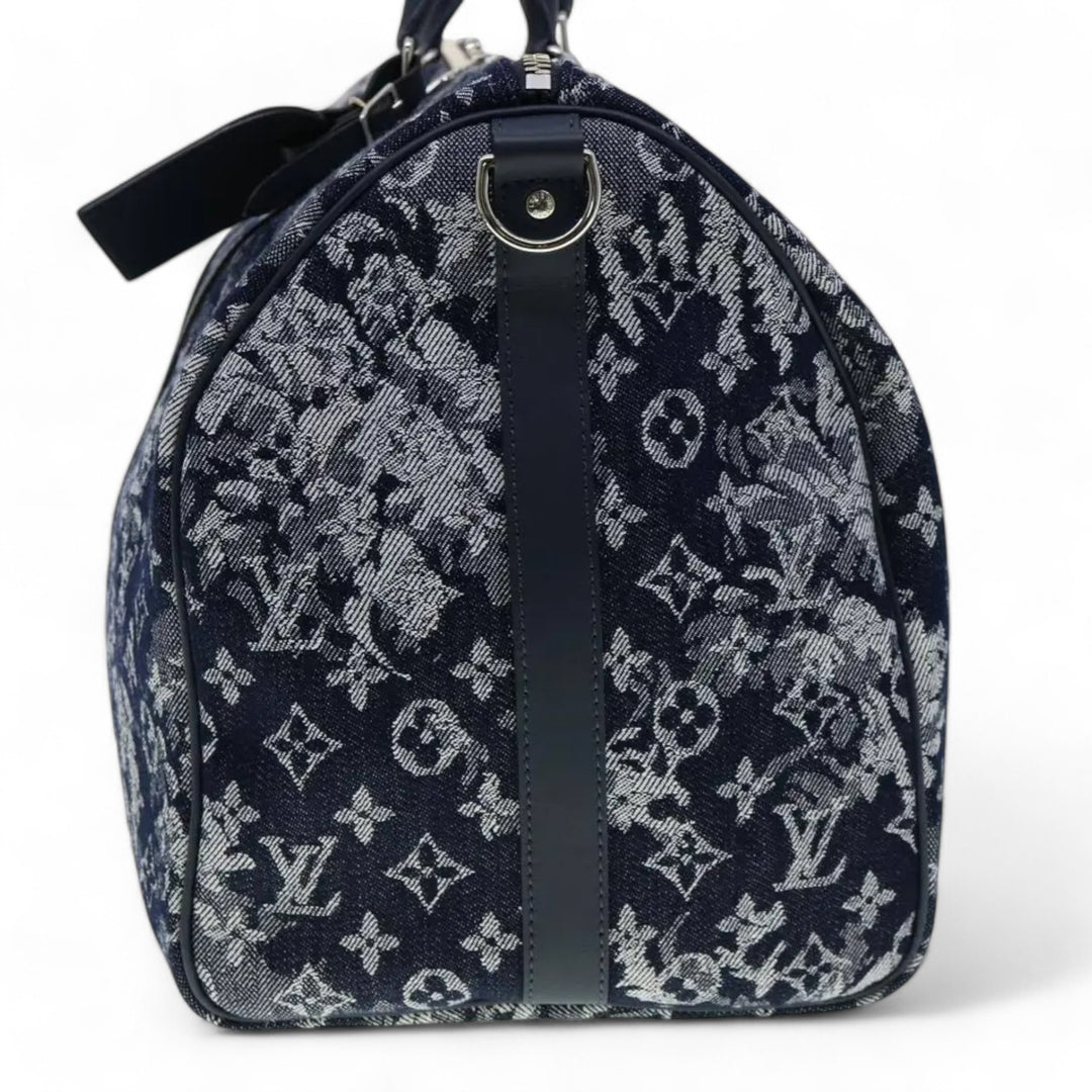 Louis Vuitton Monogram Tapestry Keepall Bandouliere 50 Boston Bag Blue Denim Unisex Travel Handbag