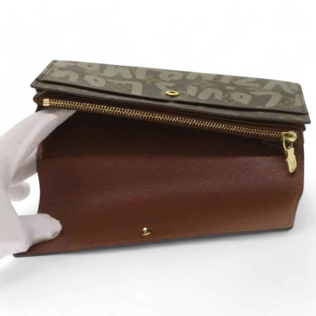 Louis Vuitton Monogram Graffiti Long Leather Wallet Khaki Womens