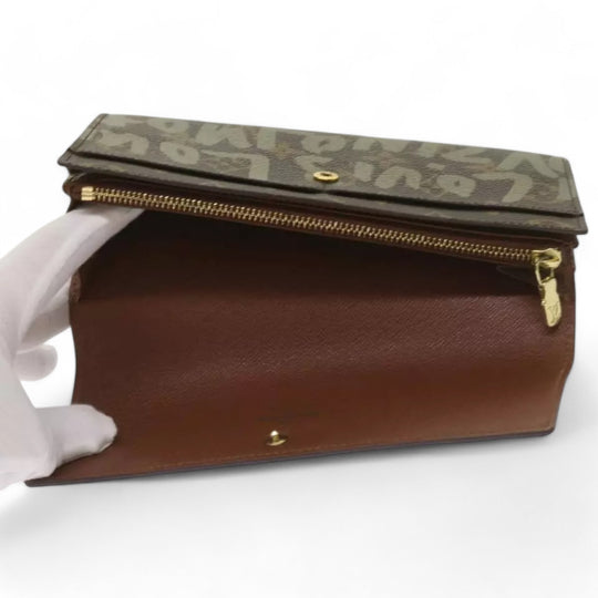 Louis Vuitton Monogram Graffiti Long Leather Wallet Khaki Womens