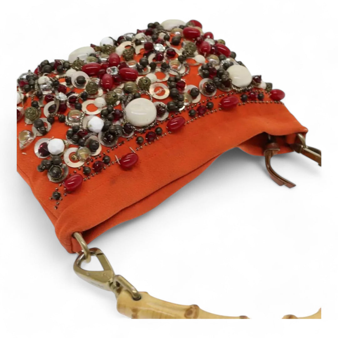 Miu Miu Bamboo Handbag Canvas Orange Beaded Embellished Women's Bag