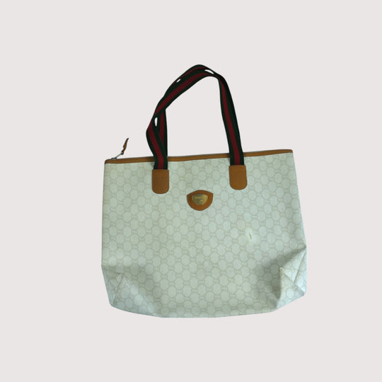 Gucci Plus Tote Bag Beige Canvas Leather Trim Red Green Straps Vintage Women's Handbag Made in Italy