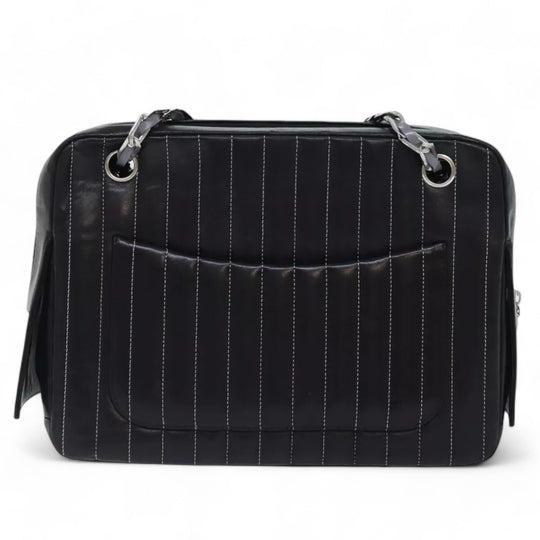 CHANEL Chain Shoulder Bag Leather Silver Black CC Women's Handbag