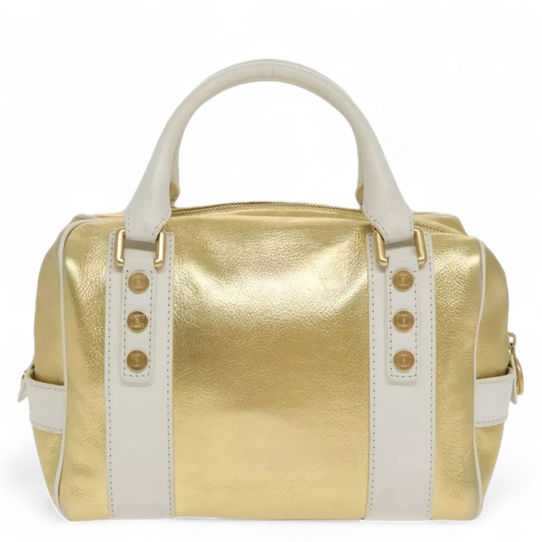 Celine Boston Bag Leather White Gold 2004 Women's Vintage Handbag