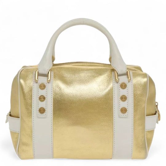 Celine Boston Bag Leather White Gold 2004 Women's Vintage Handbag