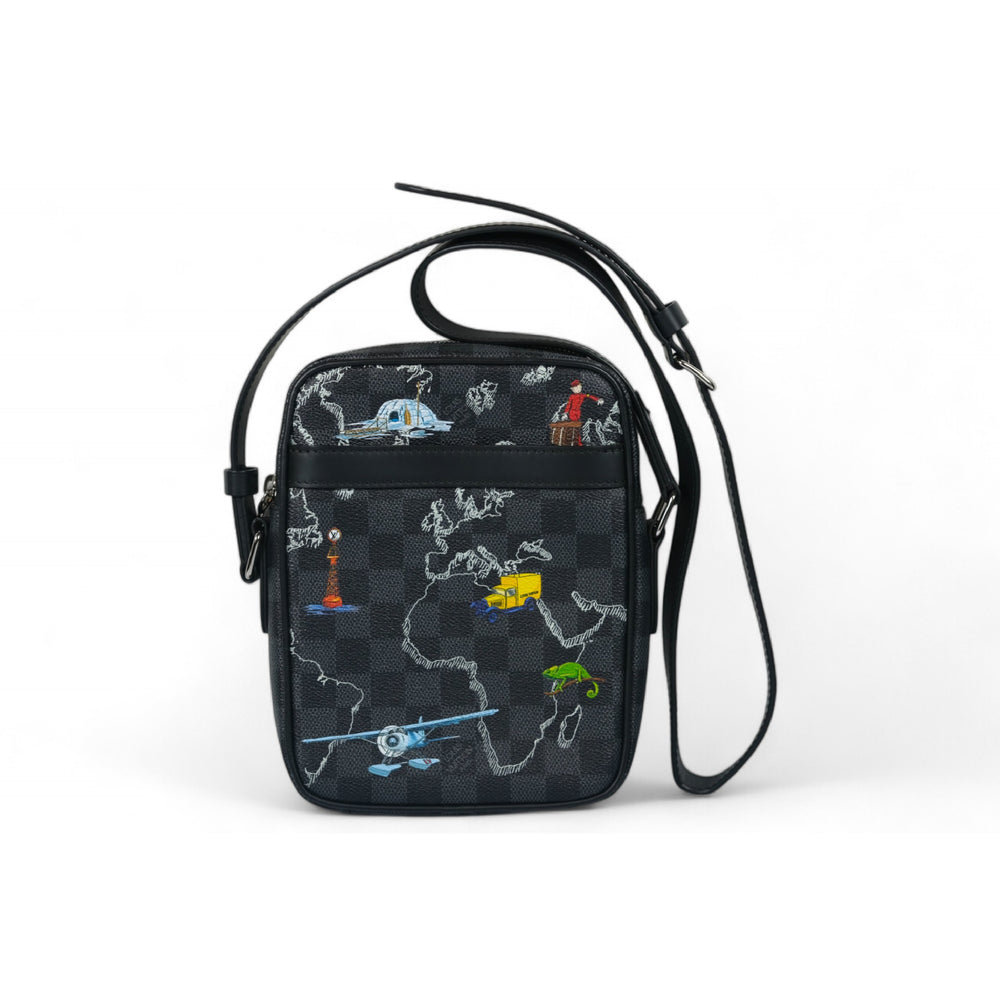 Louis Vuitton Damier Graphite Renaissance Map Danube Slim PM Crossbody Bag Black Multicolor Men's Shoulder Bag