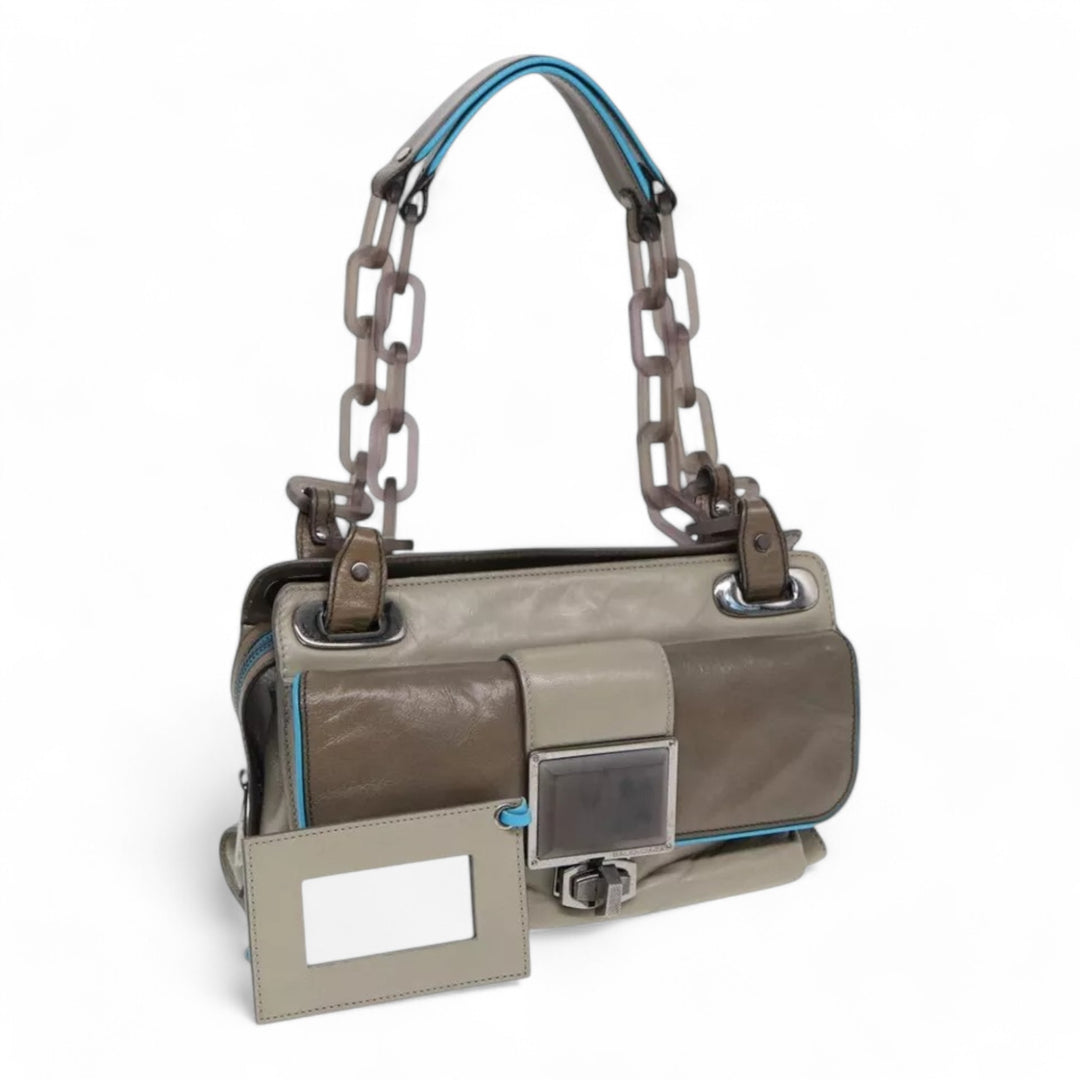 Balenciaga Turn Lock Chain Shoulder Bag Leather Beige Gray Silver