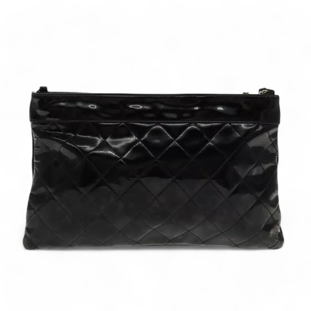 CHANEL Matelasse Chain Shoulder Bag Patent Leather Black Silver CC