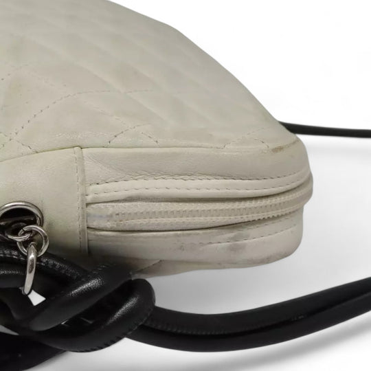 CHANEL Cambon Line Matelasse Shoulder Bag Leather White Black Silver CC