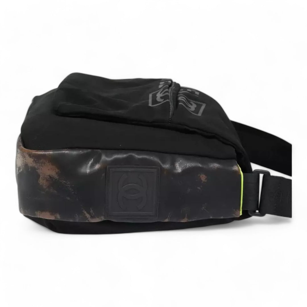 Chanel Sports Shoulder Bag Nylon Black Silver Unisex CC Logo Adjustable Strap