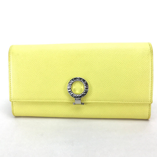 BVLGARI Long Wallet Purse leather yellow Logo clip Women Used Authentic