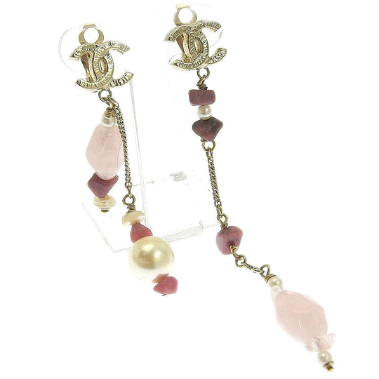CHANEL Earring Metal, Color Stone pink asymmetry COCO Mark Women Used Authentic