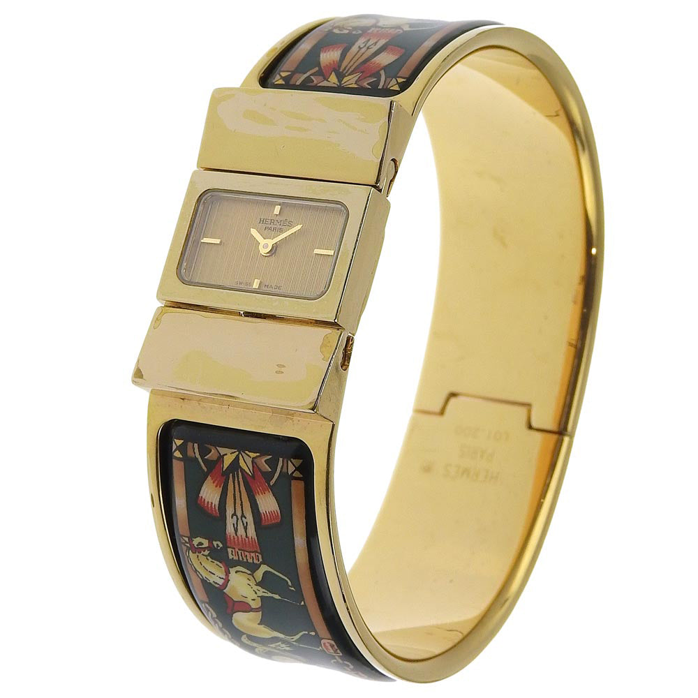 HERMES Watches Quartz LO1.201 Plated Gold Green Cloisonne Location gold dial Women Used Authentic