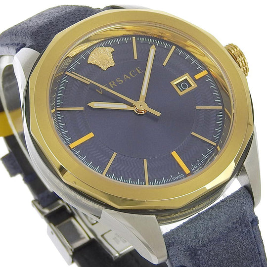 VERSACE Watches Quartz WR5 Stainless Steel , Leather gold VERA Navy dial mens Used Authentic