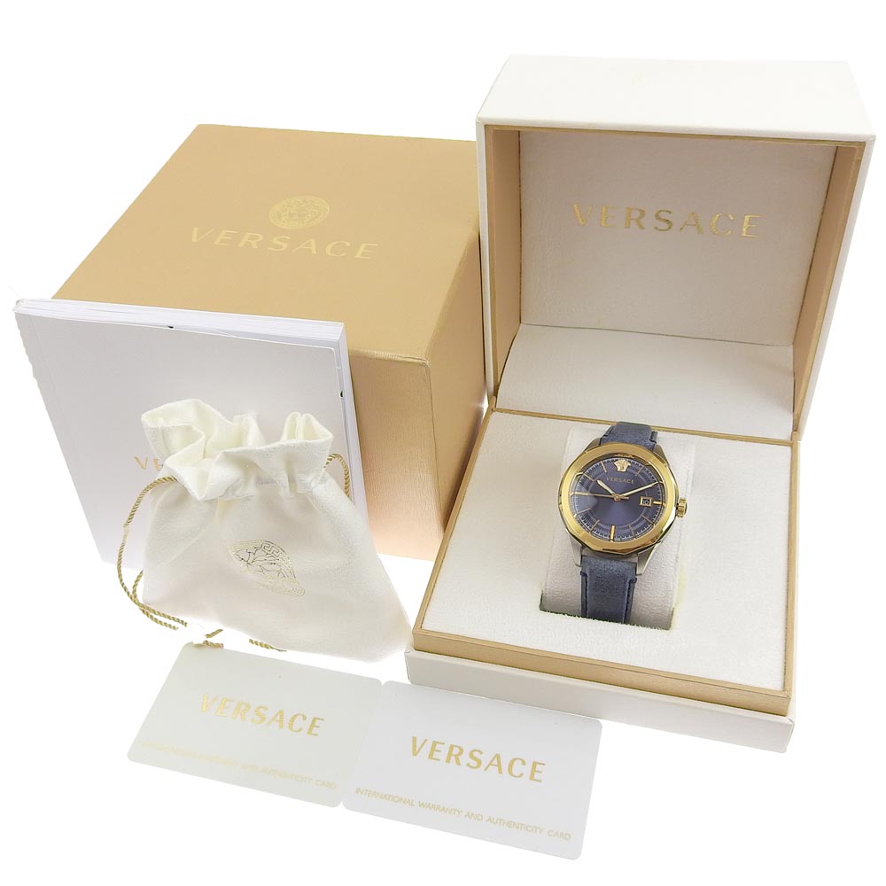 VERSACE Watches Quartz WR5 Stainless Steel , Leather gold VERA Navy dial mens Used Authentic