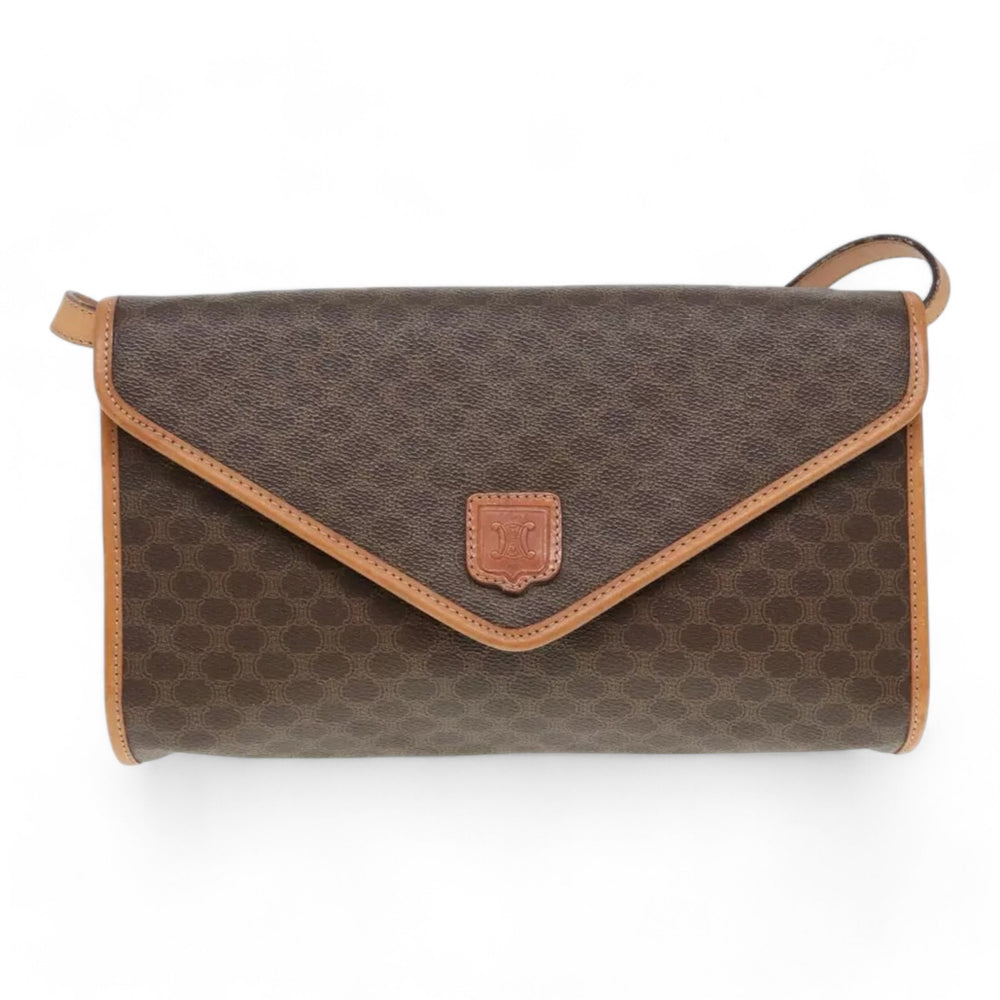 CELINE Macadam Canvas Shoulder Bag PVC Leather Brown Gold Women Vintage Crossbody