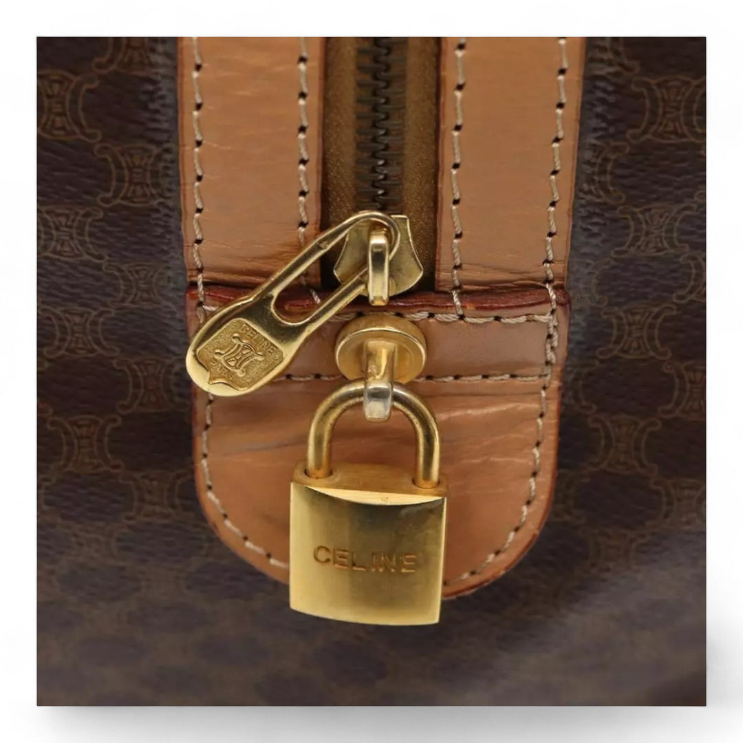 CELINE Macadam Canvas Duffel Bag PVC Leather Brown Unisex Lock and Keys