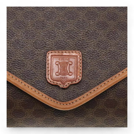 CELINE Macadam Canvas Shoulder Bag PVC Leather Brown Gold Women Vintage Crossbody