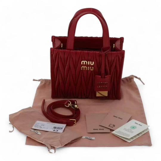 Miu Miu Matelasse Leather Handbag 5BA277 Red Women's