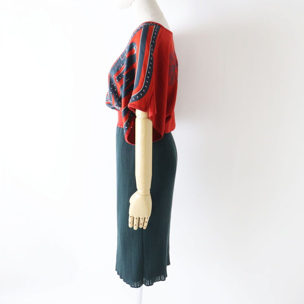 HERMES one piece silk Red x dark green type 34