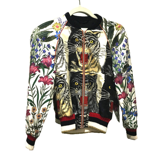 GUCCI Blouson 476247 Silk, Sequins White x Multicolor tiger print bomber jacket jacket outerwear Women 36 Used Authentic