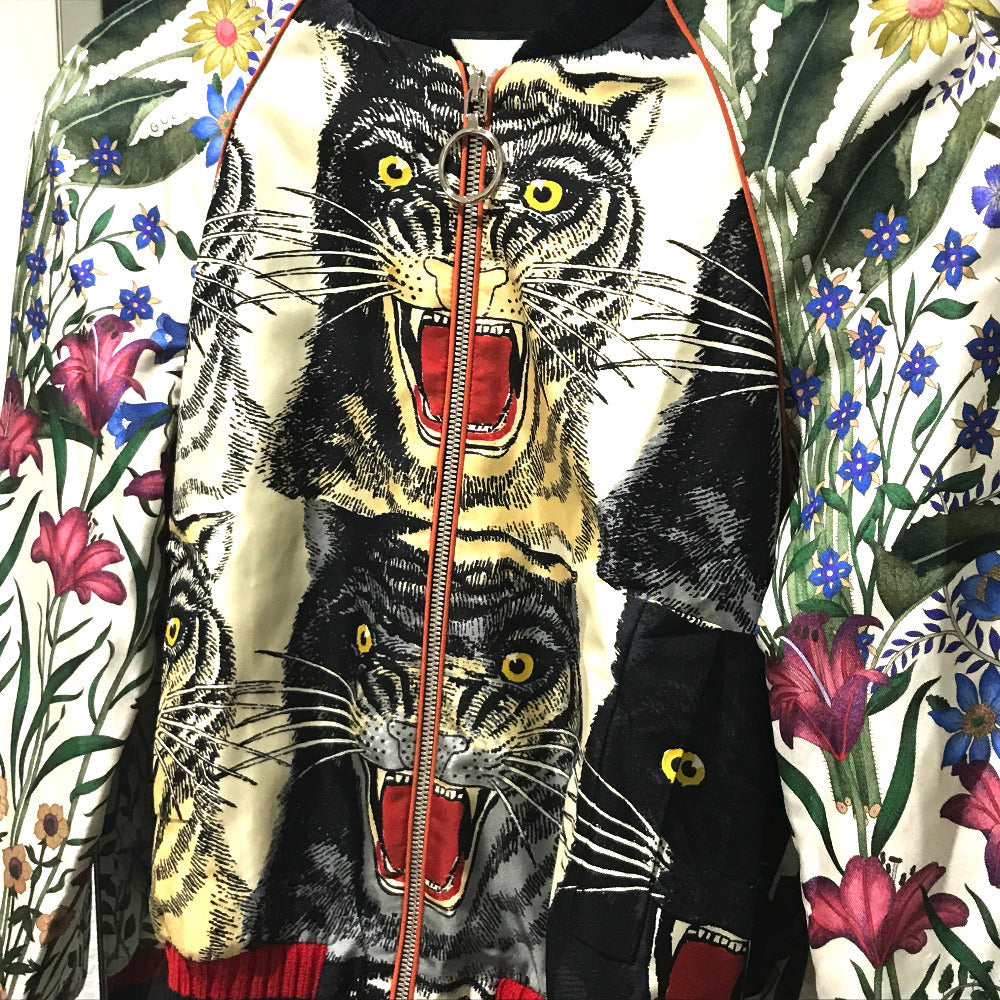 GUCCI Blouson 476247 Silk, Sequins White x Multicolor tiger print bomber jacket jacket outerwear Women 36 Used Authentic