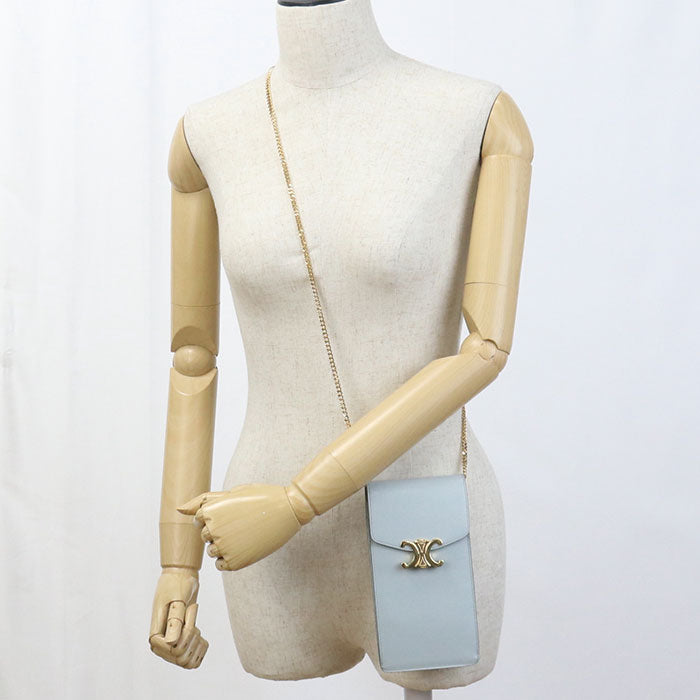 CELINE 10K68 3DPV Shoulder Bag Triomphe Mobile pouch leather Light Blue Women