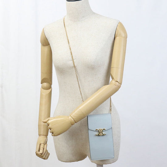 CELINE 10K68 3DPV Shoulder Bag Triomphe Mobile pouch leather Light Blue Women