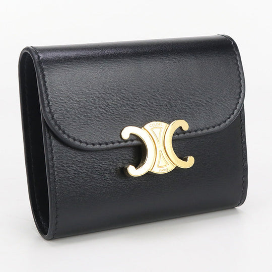 CELINE CE89565 Small flap wallet Triomphe Three fold wallet Calfskin Black Women