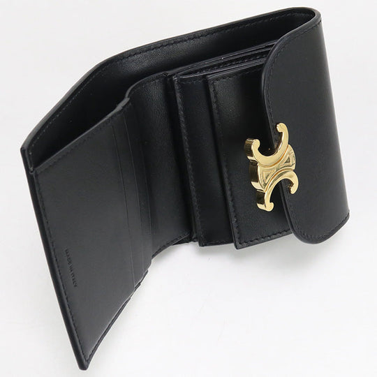 CELINE CE89565 Small flap wallet Triomphe Three fold wallet Calfskin Black Women