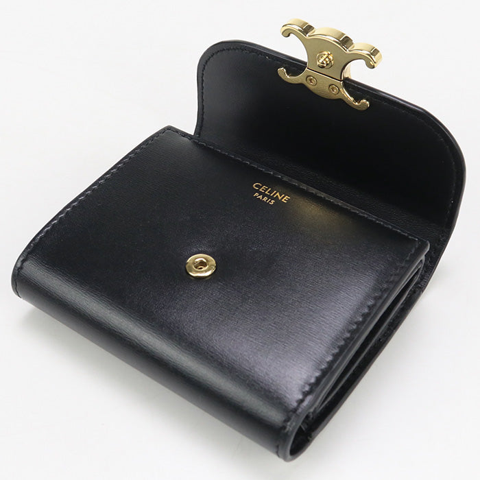 CELINE CE89565 Small flap wallet Triomphe Three fold wallet Calfskin Black Women