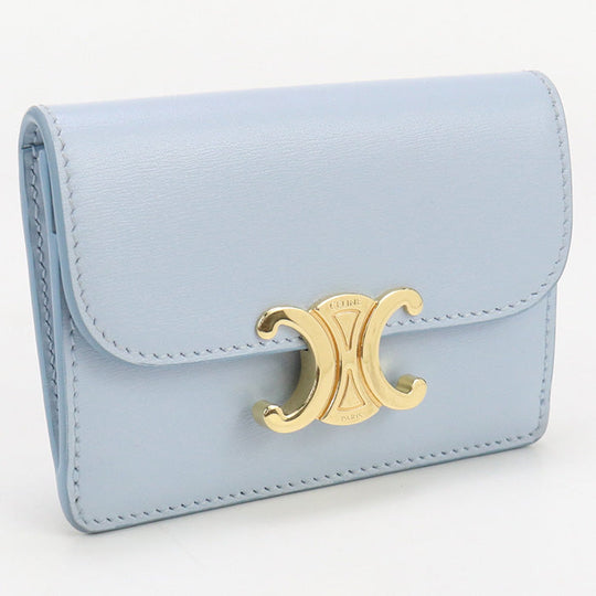 CELINE 10I58 3DPV Coin Purse Triomphe Card Case with Flap Shiny calfskin Light Blue Women
