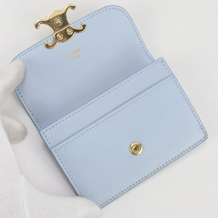 CELINE 10I58 3DPV Coin Purse Triomphe Card Case with Flap Shiny calfskin Light Blue Women