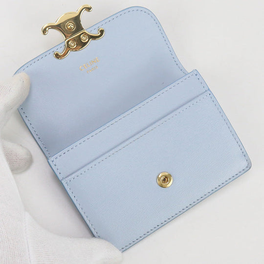 CELINE 10I58 3DPV Coin Purse Triomphe Card Case with Flap Shiny calfskin Light Blue Women