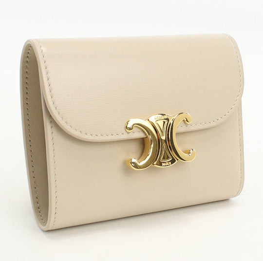 CELINE 10D78 3DPV Tri-fold wallet Triomphe Small flap wallet leather beige Women