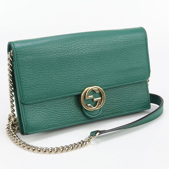 GUCCI 615523 Interlocking G Chain wallet leather Green Women