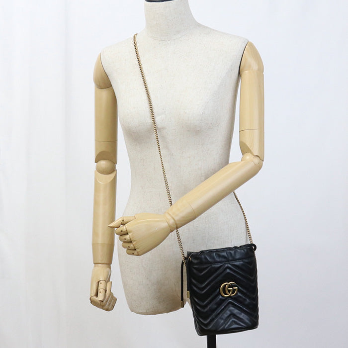 GUCCI 575163 Shoulder Bag GG Marmont Mini bucket bag Quilted leather black Women
